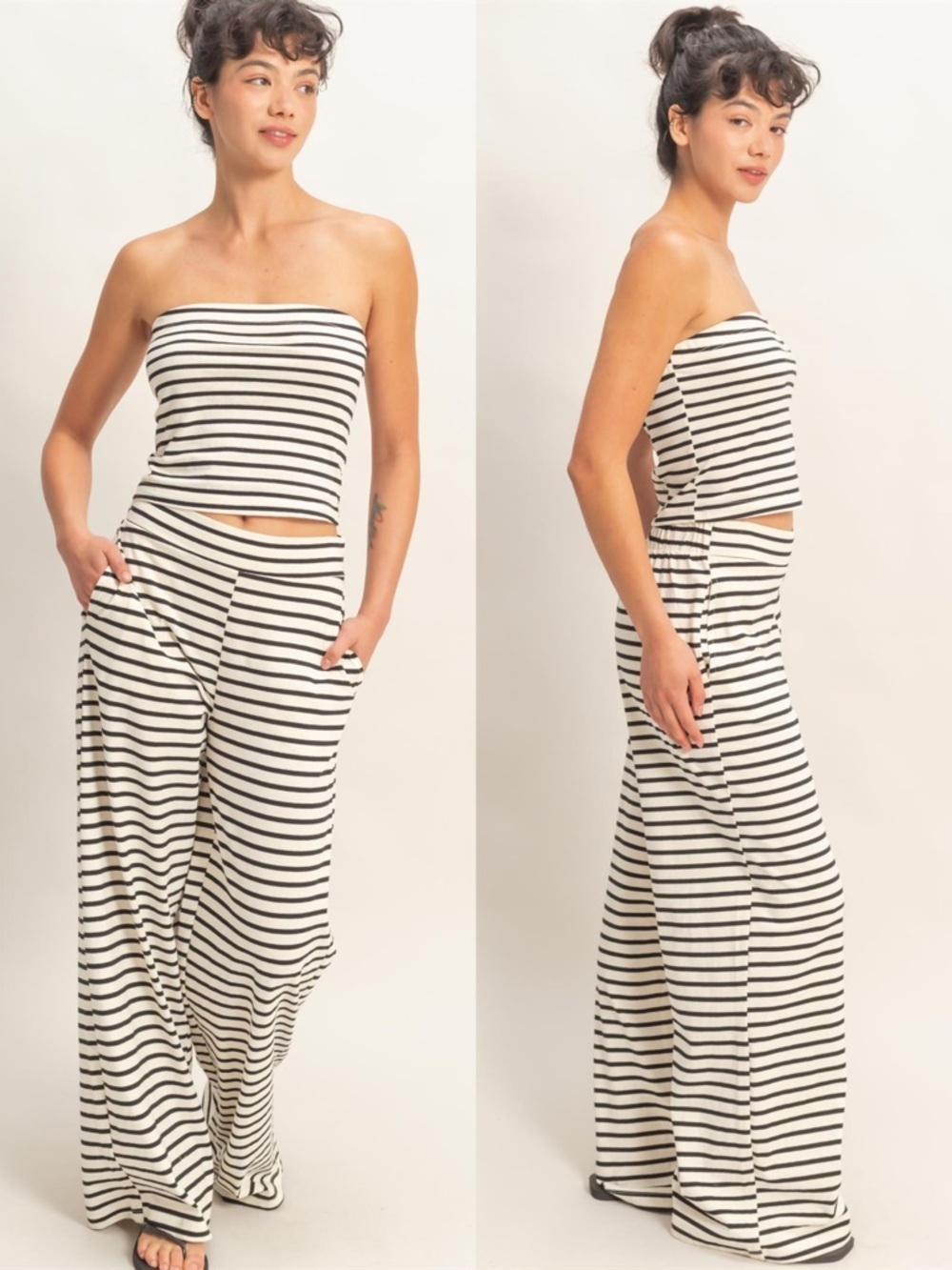 NEW HYFVE Black Striped Tube Top & Wide Leg Pants Set Coastal Size Large